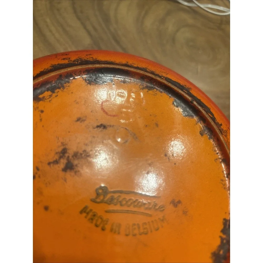 VTG 60s Descoware Flame Orange Enamel Cast Iron Dutch Oven FE 22-C Belgium 22cm